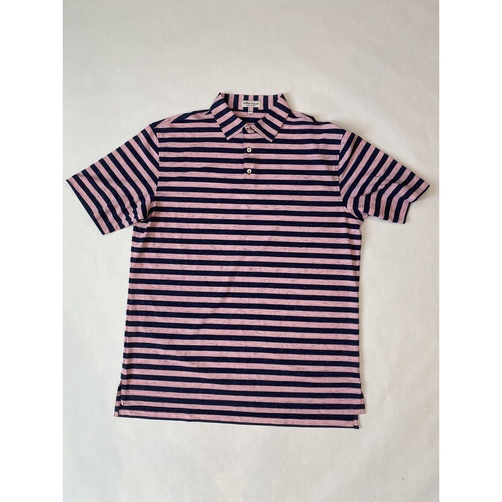 Men's Peter Millar Summer Comfort Polo Shirt Large Pink Blue Striped Golf